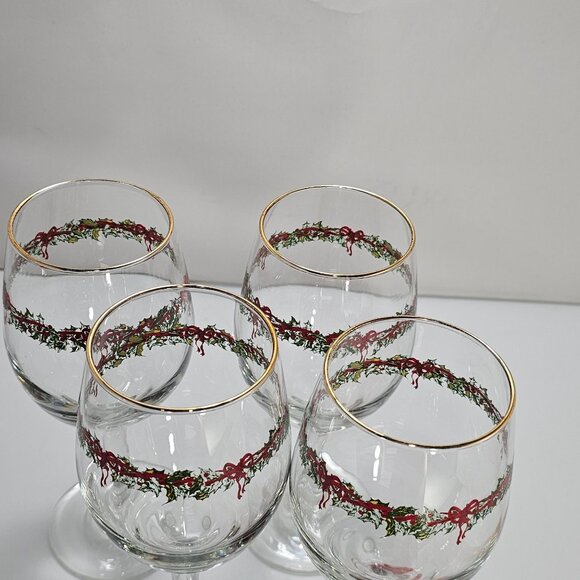 4 Libbey Ribbon Holly Goblets 7.5" water wine gold rim festive holiday Christmas - Picture 14 of 14